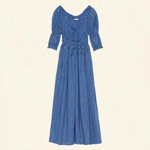 NWT Doen Ischia Cotton Voile Smocked Midi Maxi Dress Cassis Check Blue Plaid - Picture 15 of 16
